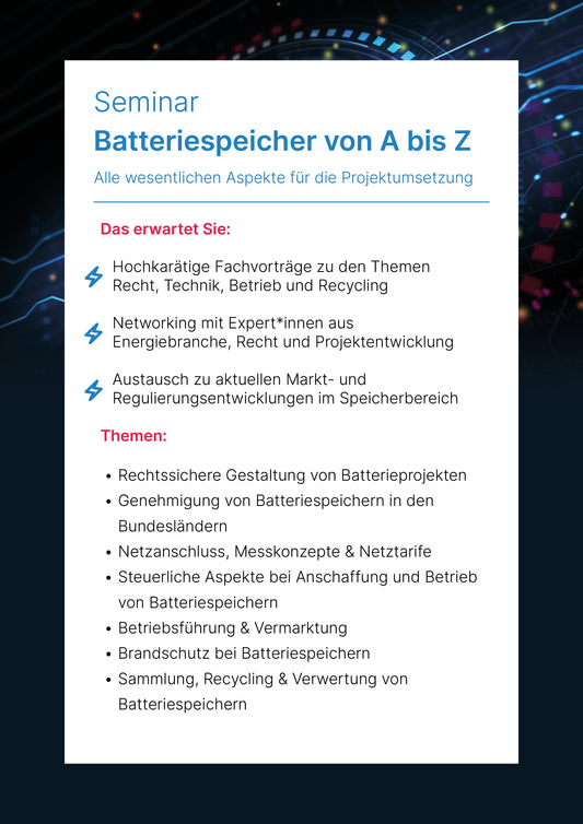 Seminar Batteriespeicher von A bis Z am 07.10.2026 (ohne Mitgliedschaft)
