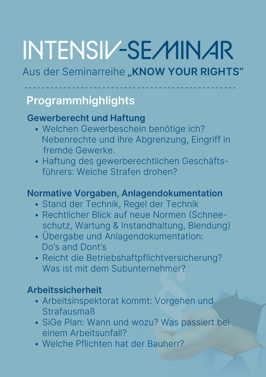 Intensiv-Seminar: Rechtliche Pflichten im Projektablauf: Gewerberecht, Normen und Arbeitssicherheit 29.10.2026 (ohne Mitgliedschaft)