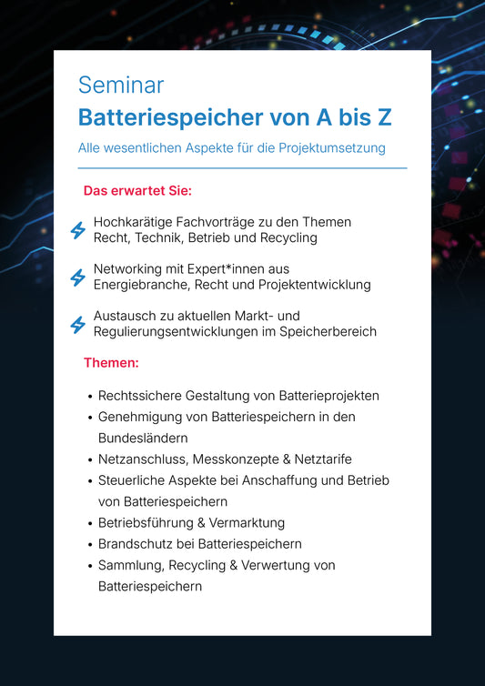 Seminar Batteriespeicher von A bis Z ONLINE 07.10.2026 (ohne Mitgliedschaft)